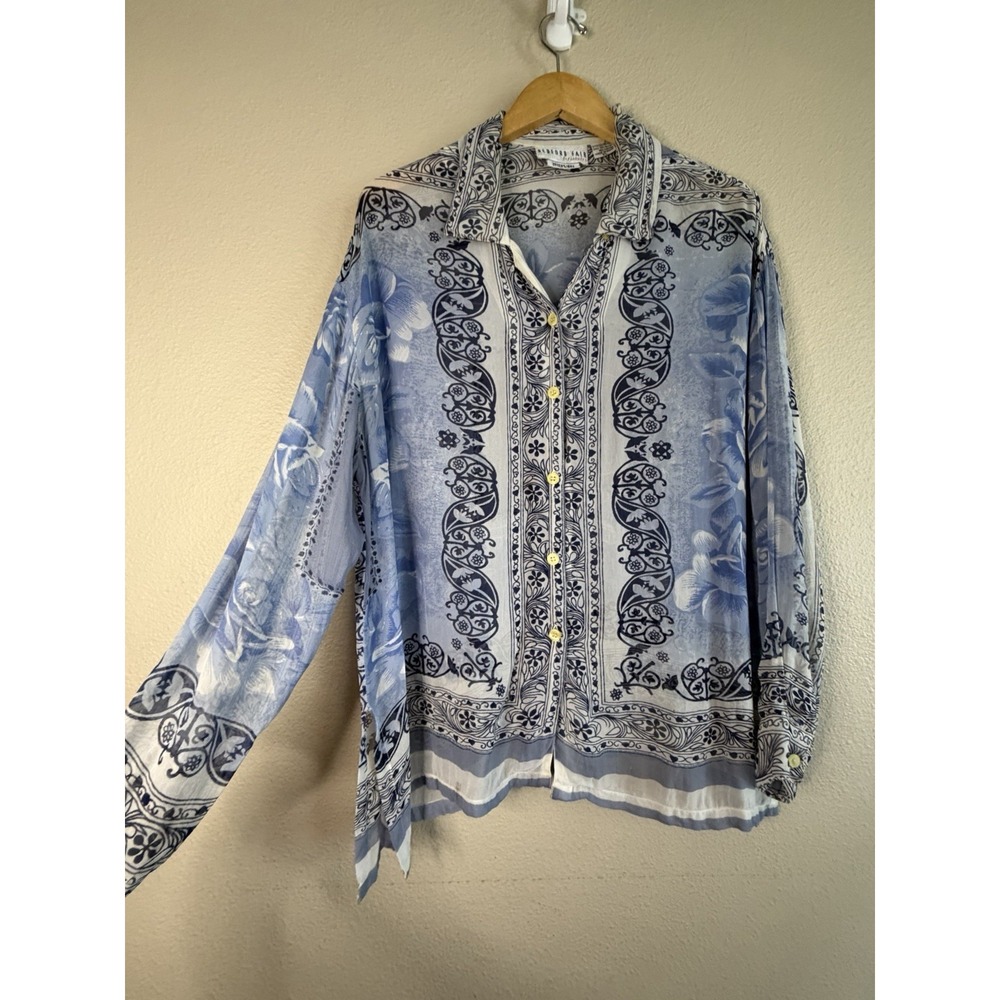 VNTG Bedford Fair Blue Rayon Blouse | Coastal Layer & SwimCover-Up Size PL *FLAW